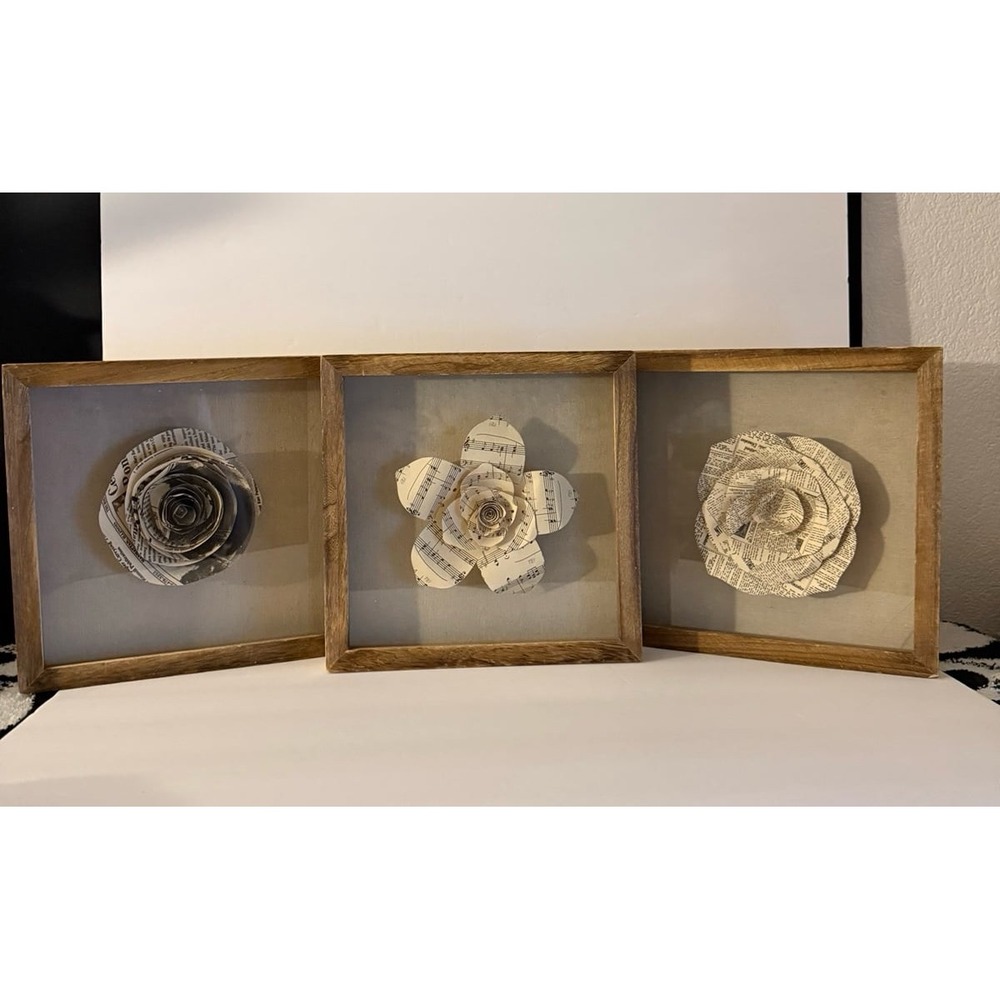 Set of 3 Framed Paper Flower Wall Art – Rustic Wood Shadow Box Style